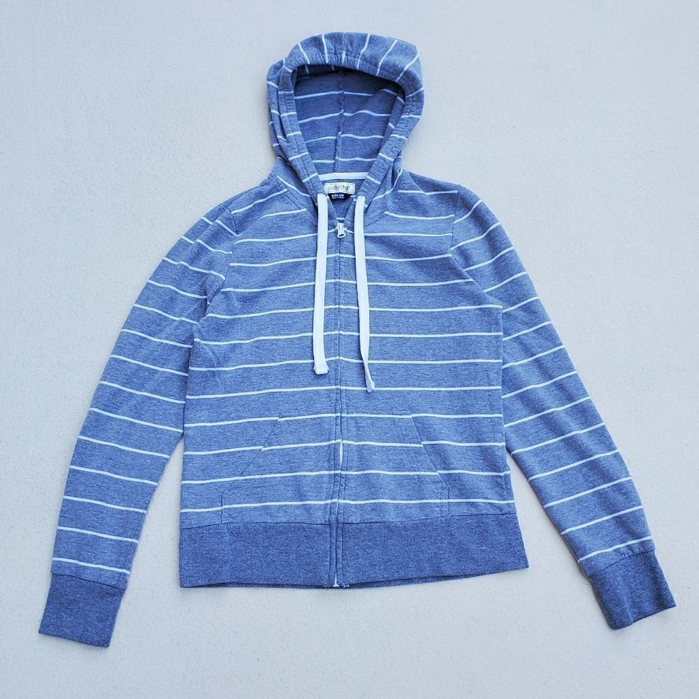 Anchor Blue Zip Up Hooded Sweatshirt Gray and White Striped